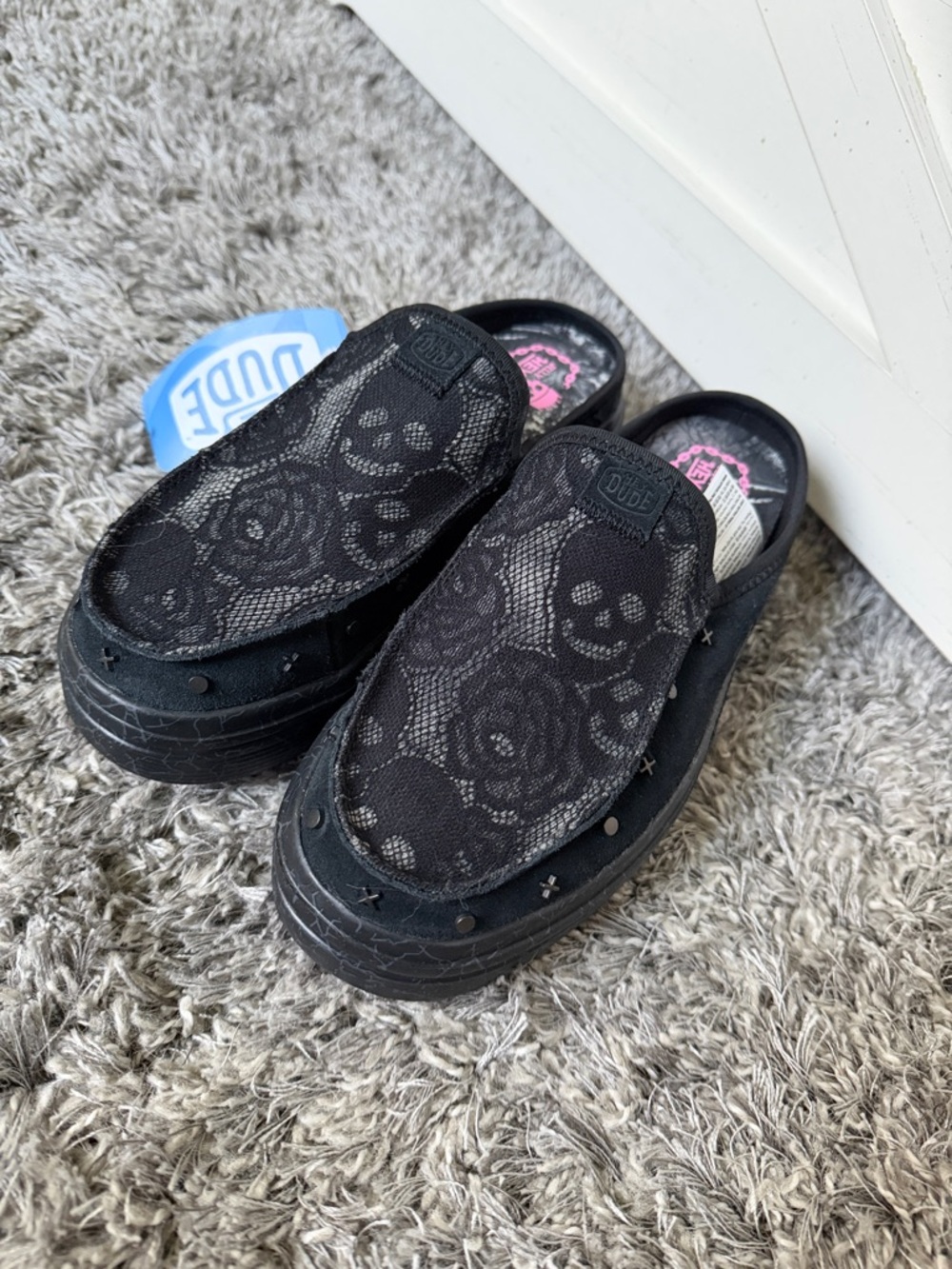 Hey Dude Black Floral Lace Slip-On Clogs